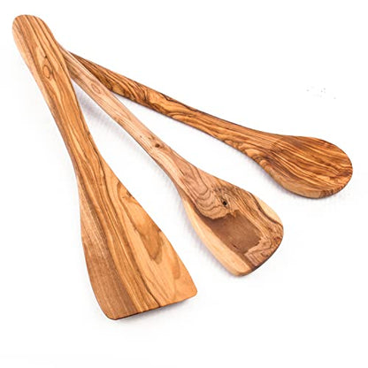 Lot de 3 cuillères de cuisine de qualité supérieure en bois d'olivier - Rondes, avec coin et spatule