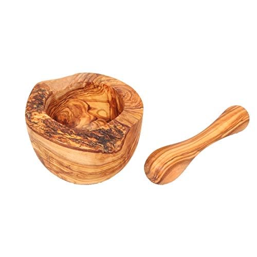 Mortier avec pilon en bois d'olivier - Fabriqué à la main avec bord naturel - Mortier de cuisine en bois - Mortier durable pour herbes et épices (diamètre 10 cm)