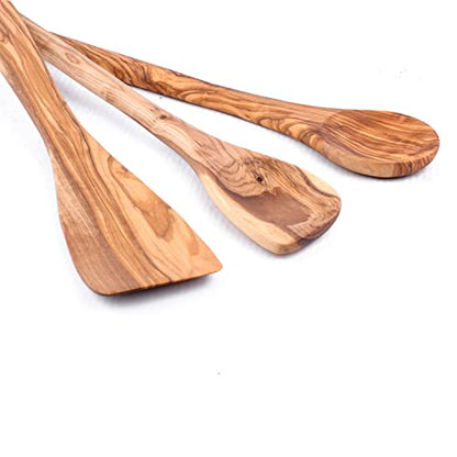 Lot de 3 cuillères de cuisine de qualité supérieure en bois d'olivier - Rondes, avec coin et spatule