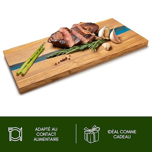 Erreke Planche à Découper en Bois d'Olivier avec Résine Époxy – 38x18cm, Fait Main, Idéale pour Viande, Fromage, Pain, Barbecue