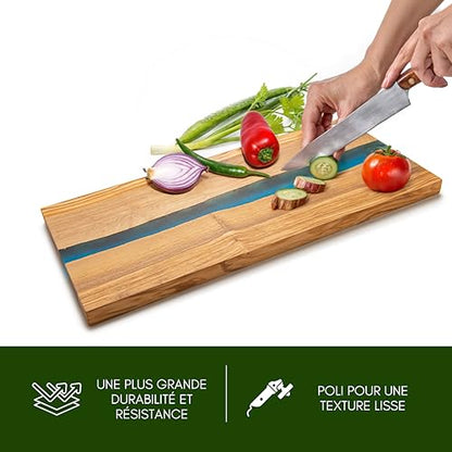 Erreke Planche à Découper en Bois d'Olivier avec Résine Époxy – 38x18cm, Fait Main, Idéale pour Viande, Fromage, Pain, Barbecue