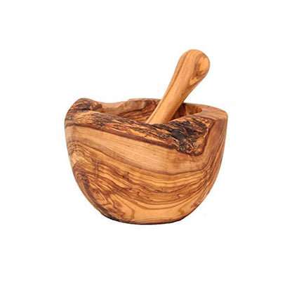 Mortier avec pilon en bois d'olivier - Fabriqué à la main avec bord naturel - Mortier de cuisine en bois - Mortier durable pour herbes et épices (diamètre 10 cm)