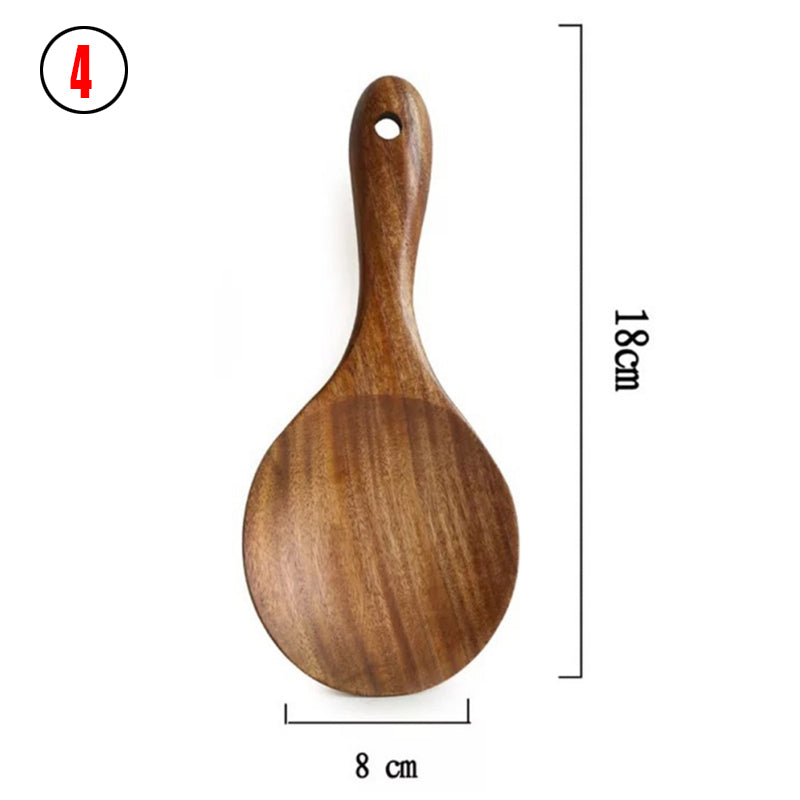 Ensemble d'Ustensiles de Cuisine en Bois de Teck Naturel : Cuillère, Louche, Spatule, Écumoire, Ensemble Polyvalent