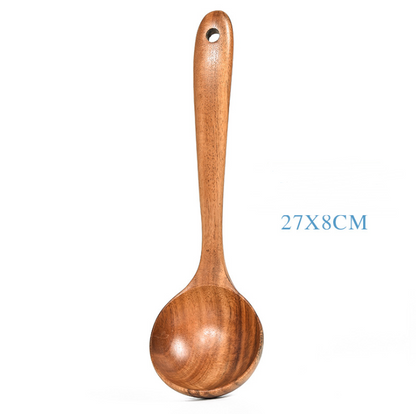 Juego de utensilios de cocina de madera de teca natural: cuchara, cucharón, espátula y más