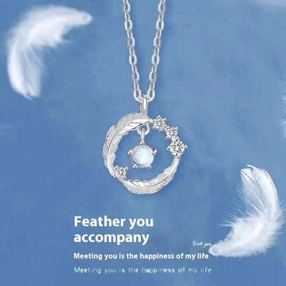 Collier plume argent 925 avec pierre de lune et plumes