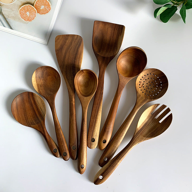 Ensemble d'Ustensiles de Cuisine en Bois de Teck Naturel : Cuillère, Louche, Spatule, Écumoire, Ensemble Polyvalent