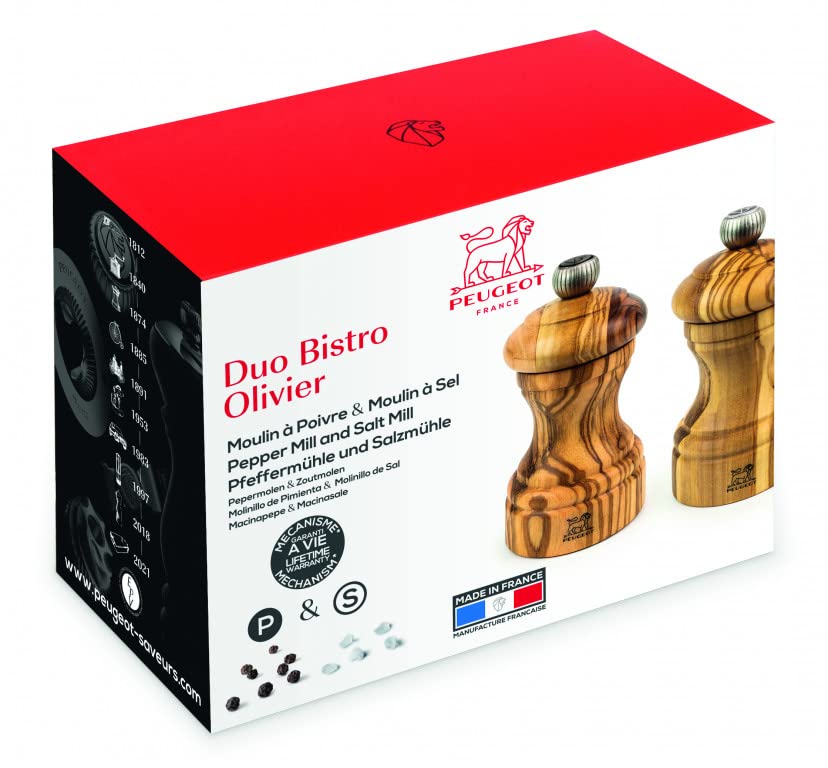 PEUGEOT – Bistro Olivier – Pfeffermühle + Salzmühle 10 cm – schwarzer Pfeffer + Steinsalz inklusive – klassische Fassung – aus Olivenholz – hergestellt in Frankreich – Farbe Olivier