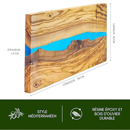 Erreke Planche à Découper en Bois d'Olivier avec Résine Époxy – 38x18cm, Fait Main, Idéale pour Viande, Fromage, Pain, Barbecue