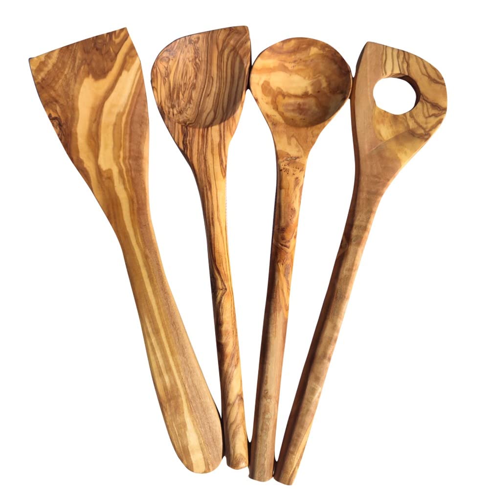 Lot de 3 cuillères de cuisine de qualité supérieure en bois d'olivier - Rondes, avec coin et spatule