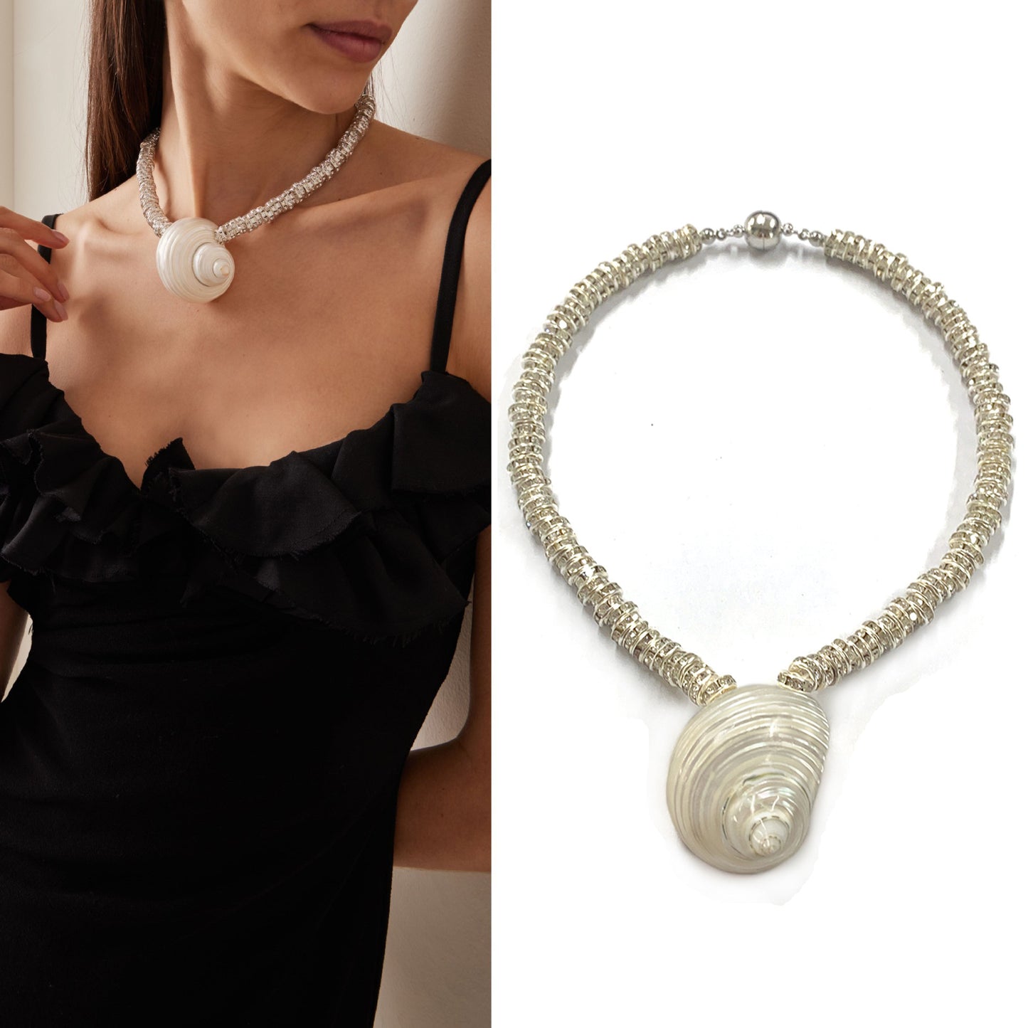 Collier en perles baroques avec coquillage sur modèle