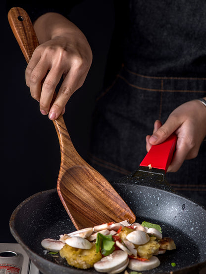 Ensemble d'Ustensiles de Cuisine en Bois de Teck Naturel : Cuillère, Louche, Spatule, Écumoire, Ensemble Polyvalent