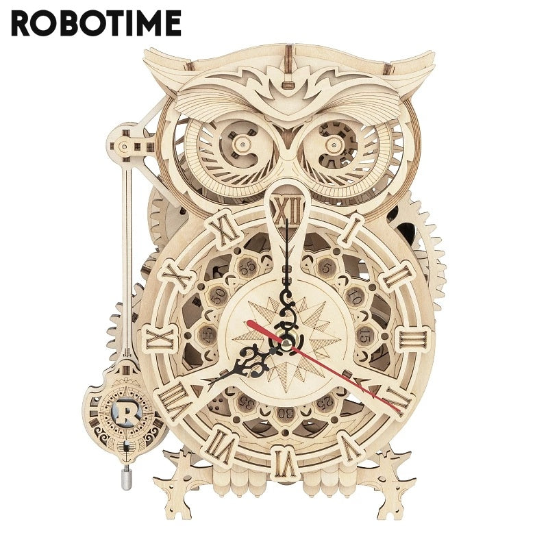 Modèle 3D en bois Robotime ROKR en forme de hibou avec horloge