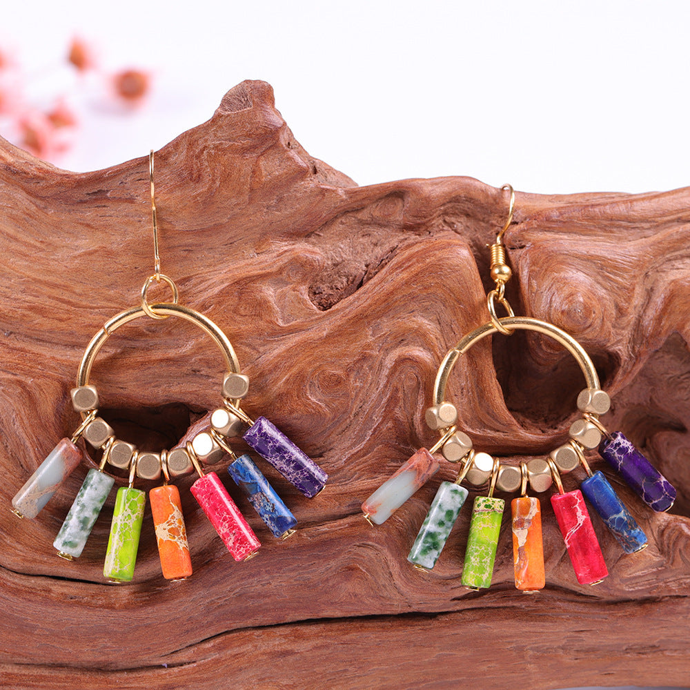 Boucles d'oreilles en pierre d'Empereur naturelle - Énergies des 7 couleurs et style bohème national