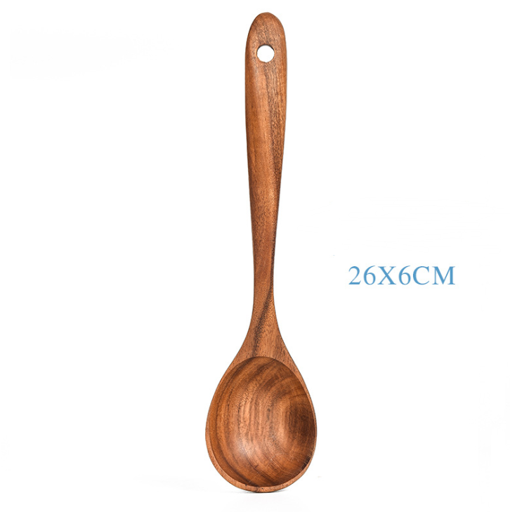 Juego de utensilios de cocina de madera de teca natural: cuchara, cucharón, espátula y más