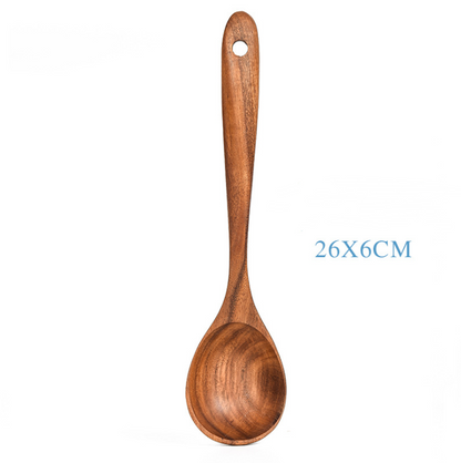 Juego de utensilios de cocina de madera de teca natural: cuchara, cucharón, espátula y más