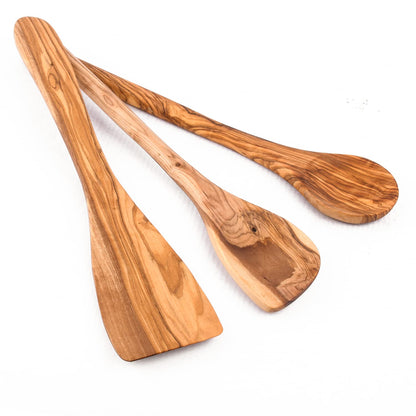 Lot de 3 cuillères de cuisine de qualité supérieure en bois d'olivier - Rondes, avec coin et spatule