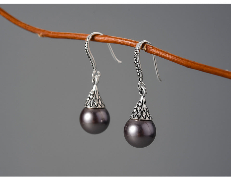 Boucles d’Oreilles Goutte d’Eau Rétro en Perles de Coquillage et Argent S925