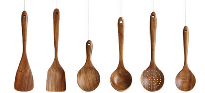 Ensemble d'Ustensiles de Cuisine en Bois de Teck Naturel : Cuillère, Louche, Spatule, Écumoire, Ensemble Polyvalent