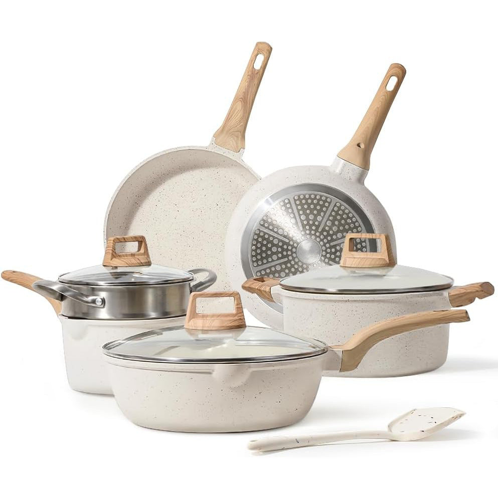 Set de Casseroles et Poêles Antiadhésives en Pierre Médicale – 7 Pièces avec Couvercle en Verre Trempé