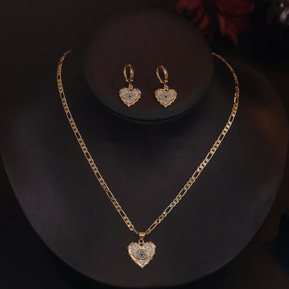 Ensemble Bijoux en Cuivre Plaqué Or Véritable – Collier et Boucles d'Oreilles en Zircon en Forme de Cœur