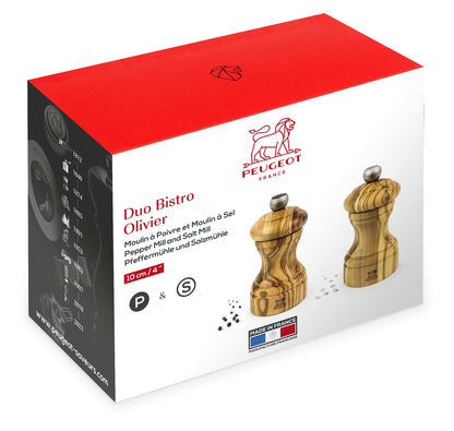 PEUGEOT – Bistro Olivier – Pfeffermühle + Salzmühle 10 cm – schwarzer Pfeffer + Steinsalz inklusive – klassische Fassung – aus Olivenholz – hergestellt in Frankreich – Farbe Olivier