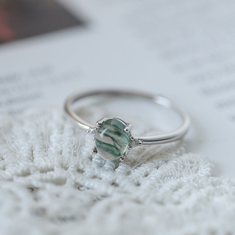 Bague en argent S925 avec agate verte sur dentelle