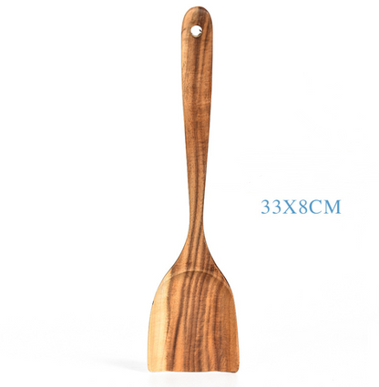 Juego de utensilios de cocina de madera de teca natural: cuchara, cucharón, espátula y más