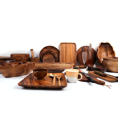 Natural Acacia Wood Tableware Set: Bowls and Plates