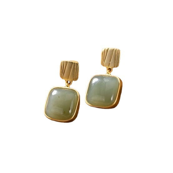 Boucles d'Oreilles Géométriques en Jade Blanc et Aiguilles en Argent 925 - Style Féminin et Raffiné