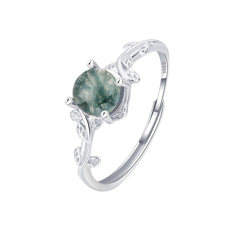 Bague en argent S925 avec agate verte et détails feuillus