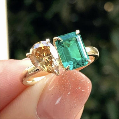 Bague Élégante en Zircon Vert et Jaune – Bijou Luxueux pour Femmes