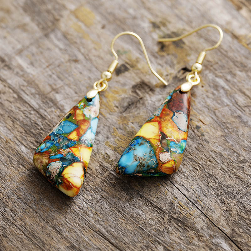 Women's Natural Stone Emperor Stone Triangle Earrings – Blue Green, Shoushan, and Hand-Held Fireworks Colors