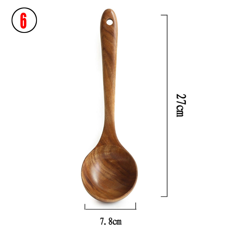 Ensemble d'Ustensiles de Cuisine en Bois de Teck Naturel : Cuillère, Louche, Spatule, Écumoire, Ensemble Polyvalent