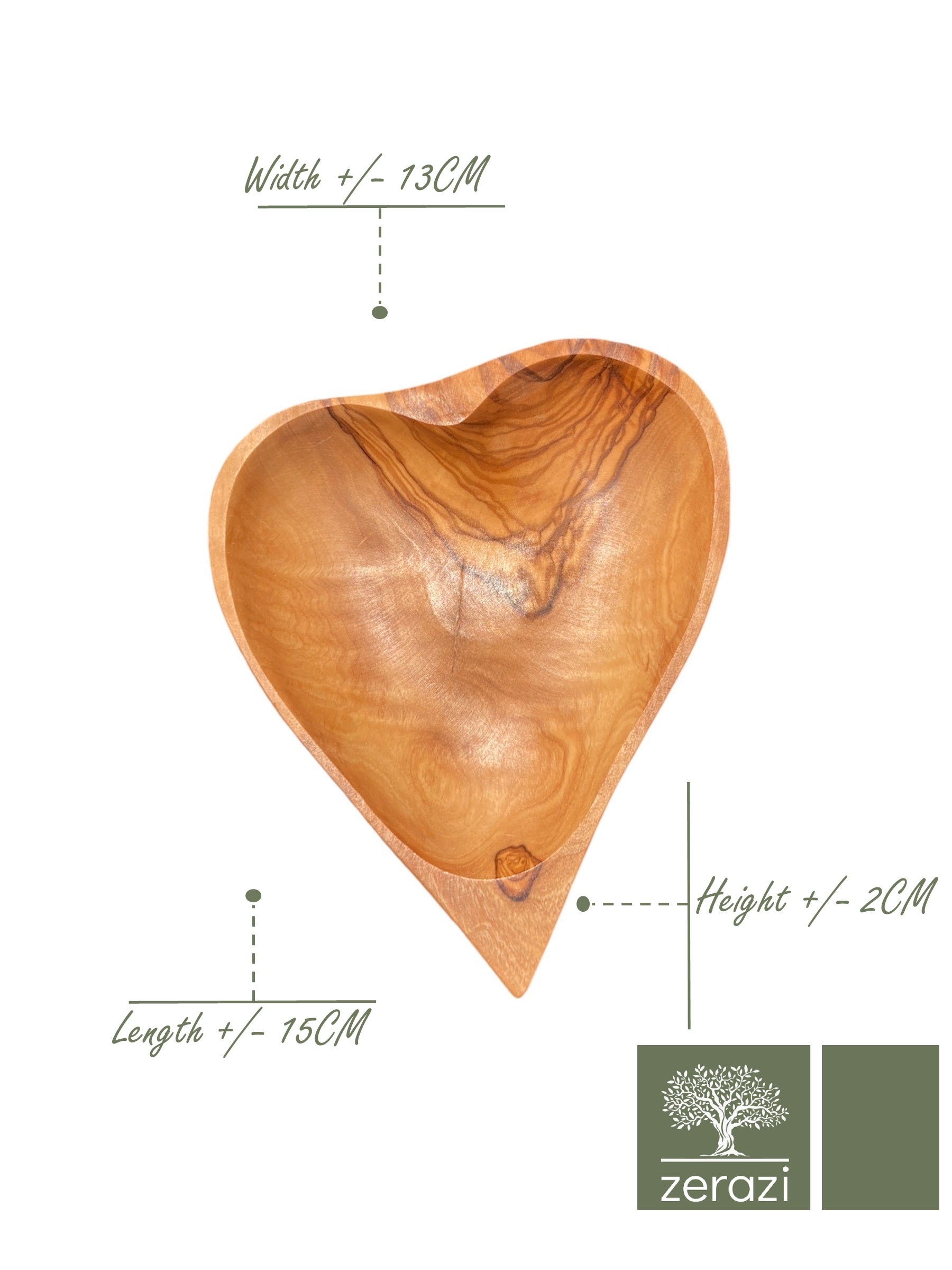 Image montrant les dimensions de la coupelle en bois d'olivier : longueur 15 cm, largeur 13 cm, et hauteur 2 cm.