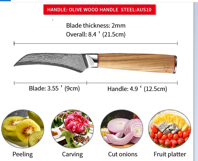 Vue du couteau éplucheur avec ses dimensions totales de 21.5 cm, incluant la longueur du manche de 12.5 cm et de la lame de 9 cm