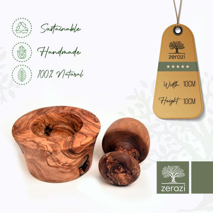 Zerazi | Mortar & Pestle | Olive Wood | 10cm | Ecological | Entirely Handmade | Sustainable | Hygienic.