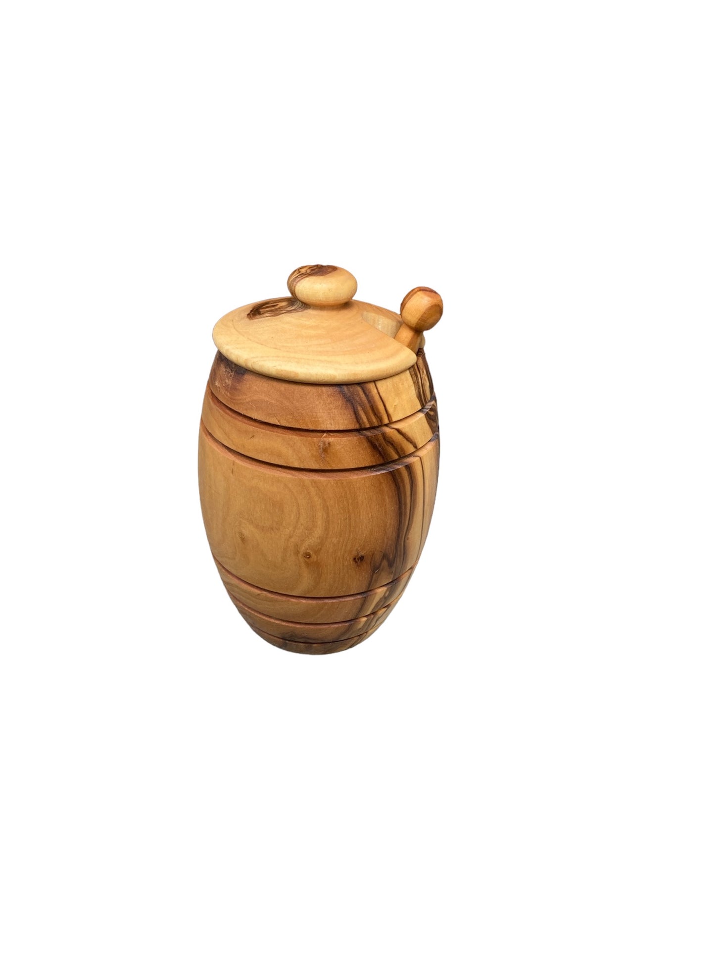 Pot à miel en bois d'olivier présenté comme un cadeau artisanal authentique, idéal pour ajouter une touche écologique et élégante à la dégustation de miel