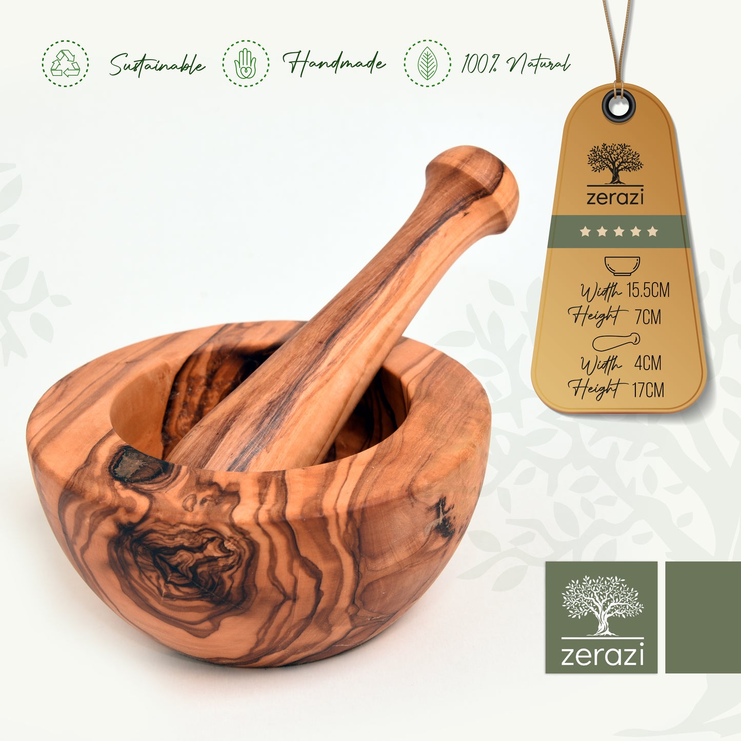 Zerazi | Mortar & Pestle | Olive Wood | 16cm | Ecological | Entirely Handmade | Sustainable | Hygienic