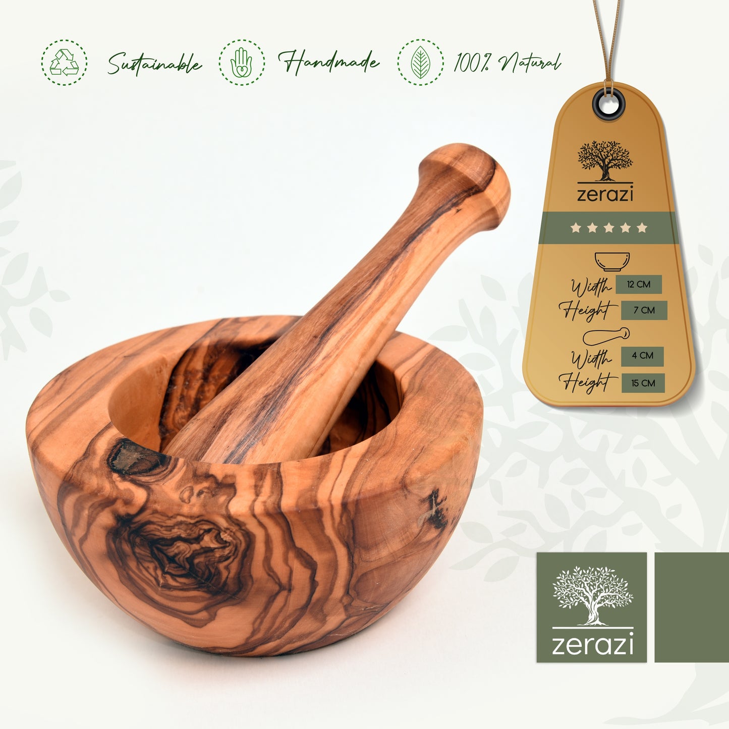 Zerazi | Mortar & Pestle | Olive Wood | 16cm | Ecological | Handmade | Durable | Hygienic...