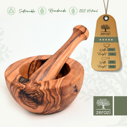 Zerazi | Mortero | Madera de olivo | 16cm | Ecológico | Hecho totalmente a mano | Sostenible | Higiénico