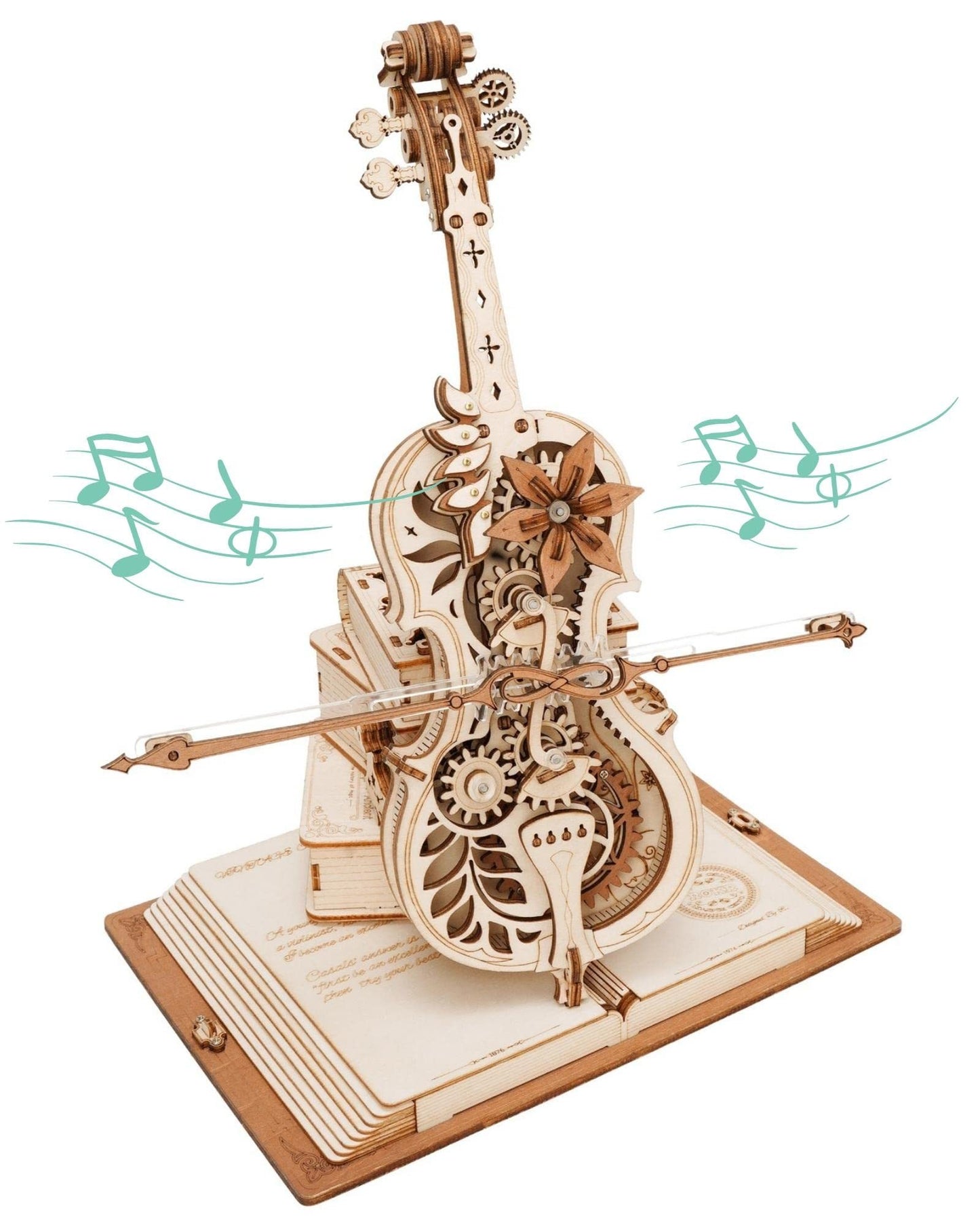 Puzzle 3D violoncelle en bois avec notes de musique.