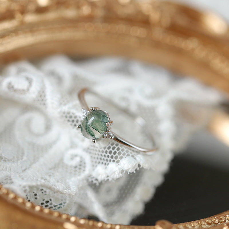 Bague en argent S925 avec agate verte sur miroir