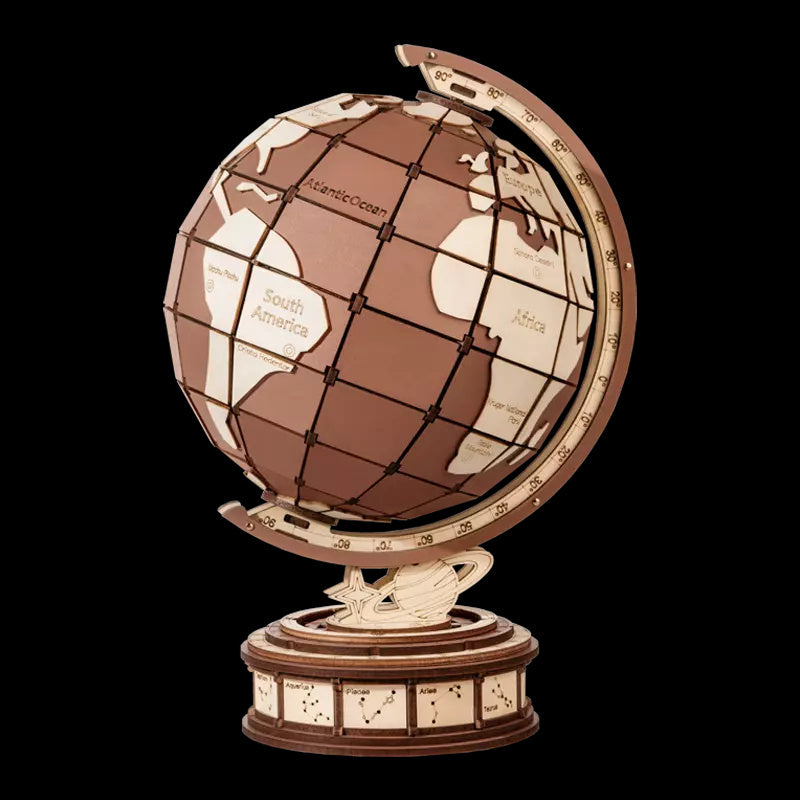 Puzzle 3D globe terrestre en bois sur fond noir