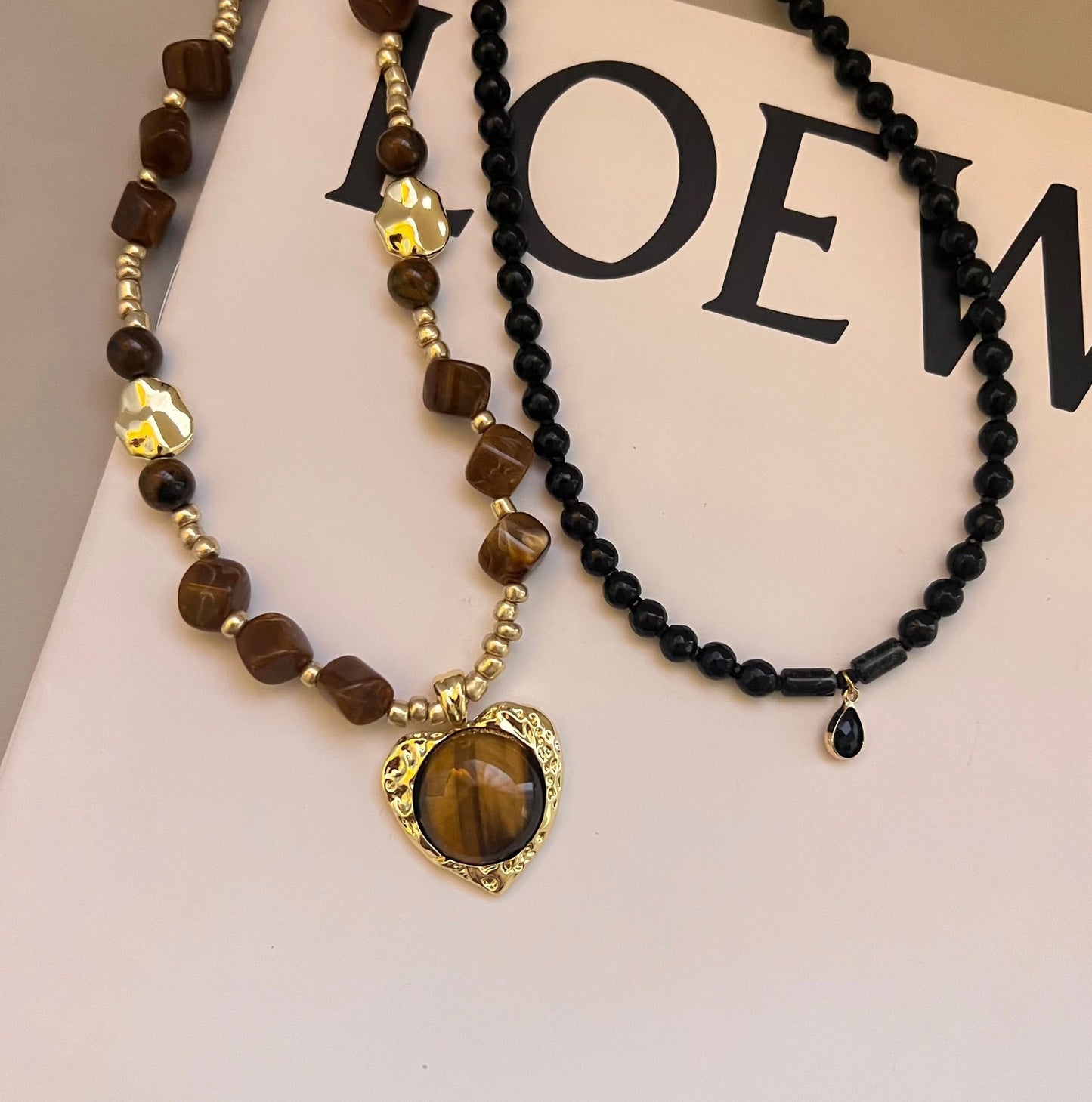 Natural Stone Tiger Eye Necklace – Geometric Beaded Clavicle Chain