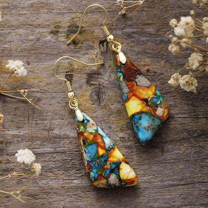 Women's Natural Stone Emperor Stone Triangle Earrings – Blue Green, Shoushan, and Hand-Held Fireworks Colors