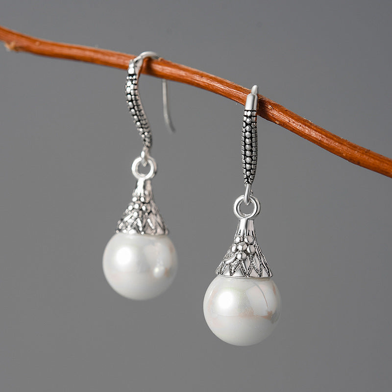 Boucles d’Oreilles Goutte d’Eau Rétro en Perles de Coquillage et Argent S925