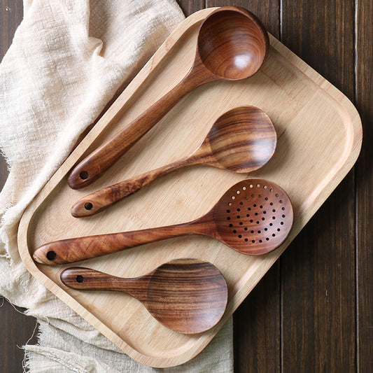 Ensemble de Cuillères en Bois Massif de Teck Thaï Non Peint pour la Cuisine