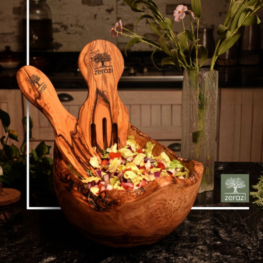 🍲 Zerazi | Large salad bowl with large forks | Olive wood | 🌿 Ecological | 🤲 Completely Handmade | 💪 Durable | 🧼 Hygienic