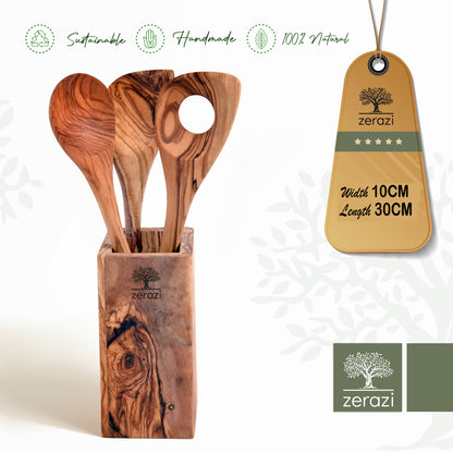 Set of 3 Spoons with Holder | Olive Wood | Ecological | Entirely Handmade | Durable | Hygienic