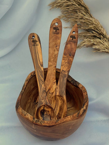 Set Of 3 Kitchen Utensils | Olive Wood | 2 Spoons | 1 Spatula | 30cm | Entirely Handmade | Durable | Hygienic